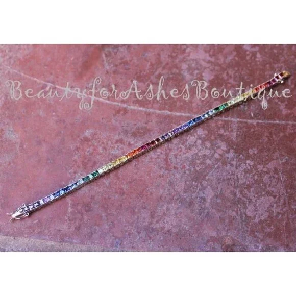 Princess Cut Covenant Gods Promise Over the Rainbow Colorful Cz Tennis Bracelet - Picture 5 of 11